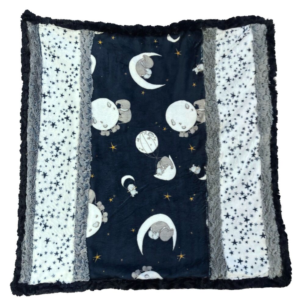 Minky Baby Blanket Navy Elephants Moon Stars Patchwork Reversible Plush
